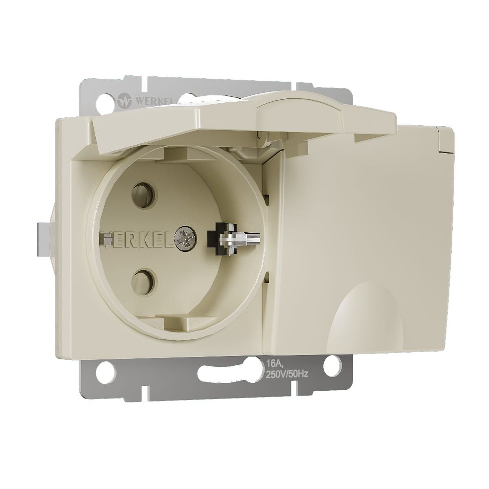 Розетка встраиваемая двойная влагозащищенная Werkel с заземлением, шторками и защитной крышкой Слоновая кость W1172203