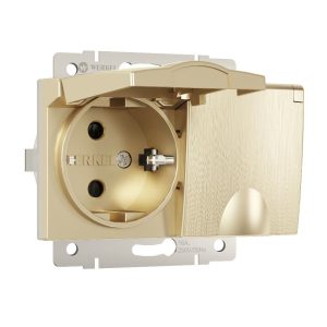 Розетка встраиваемая двойная влагозащищенная Werkel с заземлением, шторками и защитной крышкой Шампань рифленый W1172210