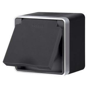 Розетка накладная влагозащищенная Werkel Gallant с заземлением, шторками и защитной крышкой Черный / Серебро W5071234