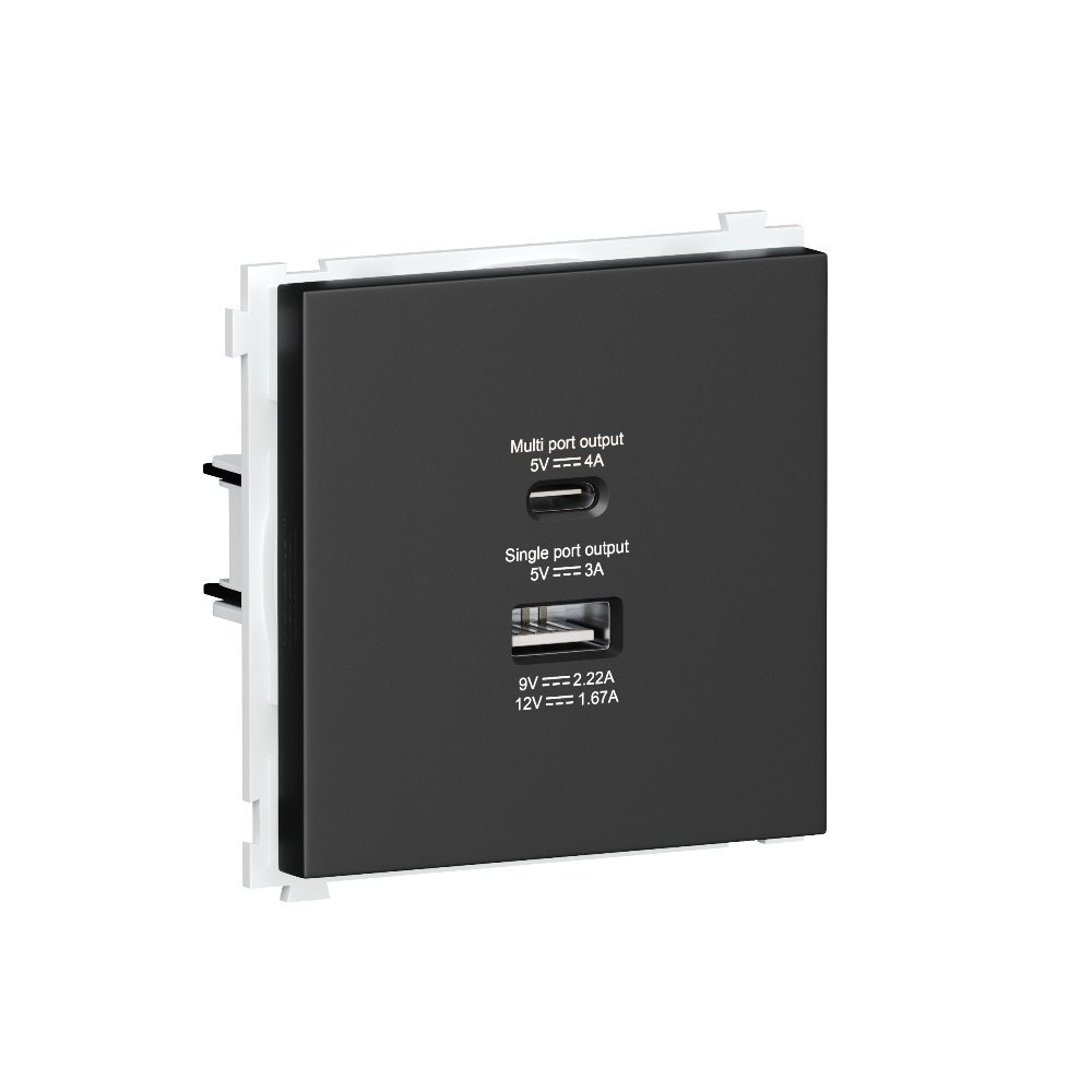 Розетка встраиваемая USB Donel R98 тип A+С быстрая зарядка Черный матовый DA20400-DA27728