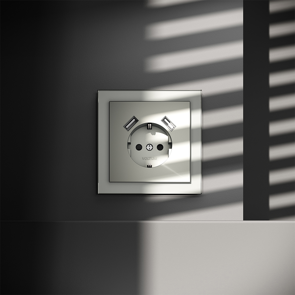 Розетка встраиваемая Voltum S70 с заземлением, шторками и USB A+A Сталь VLS040405 — изображение 4