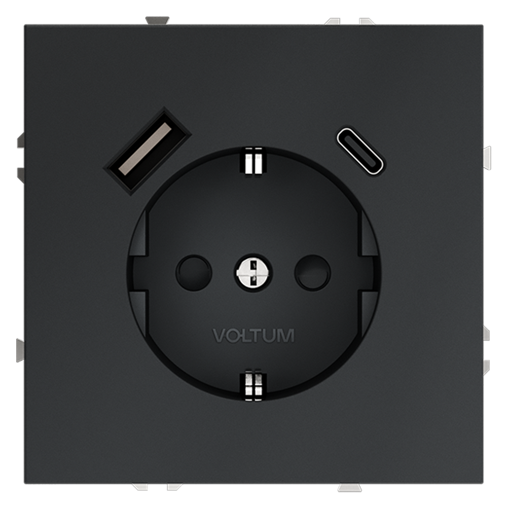 Розетка встраиваемая Voltum S70 с заземлением, шторками и USB A+C Графит VLS040507